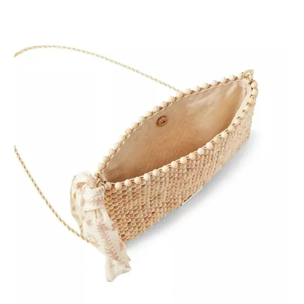 Loeffler Randall Beaded Clutch in Beige with Gold Chain